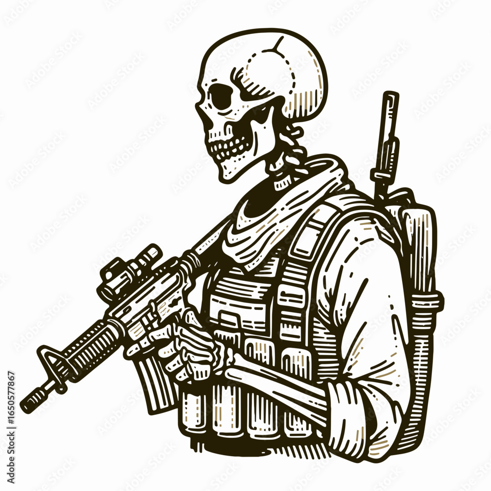 Obraz premium A Skeleton airsoft play. Retro Vintage Line Art Clipart Silhouette Vector Illustration. bony skirmish tactical game human simulation with replica gun.