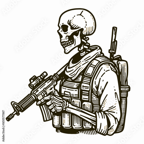 A Skeleton airsoft play. Retro Vintage Line Art Clipart Silhouette Vector Illustration. bony skirmish tactical game human simulation with replica gun.