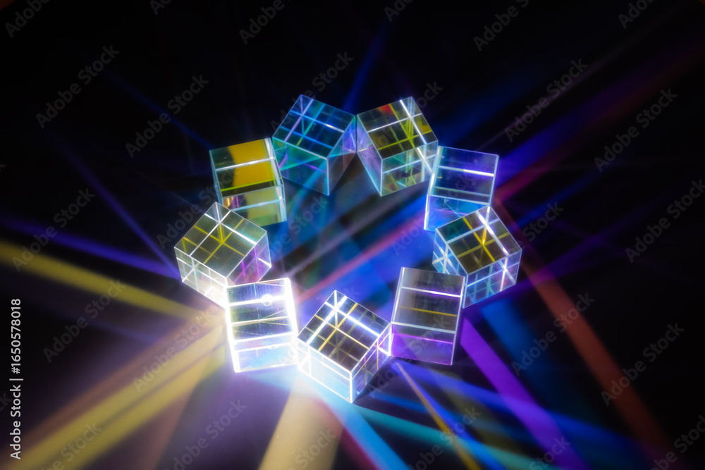 Obraz premium Crystal cube prism with refraction and holographic effect on dark background