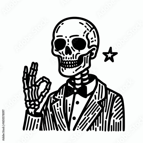 A Skeleton as actor. Retro Vintage Line Art Clipart Silhouette Vector Illustration. Bone figure in performance art theatrical role entertainment portrayal.