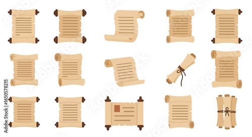 Collection of Vintage Paper Scrolls with Text and Wooden Rollers