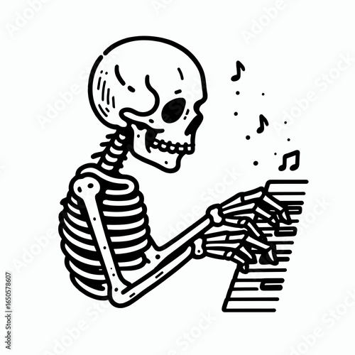 A Skeleton as composer. Retro Vintage Line Art Clipart Silhouette Vector Illustration. Bony figure crafting musical work bone man authoring melody forming tune.