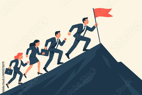 Business team climbing mountain with flag. Concept of success, teamwork, leadership and goal achievement. People running up to the top. Career growth and progress.