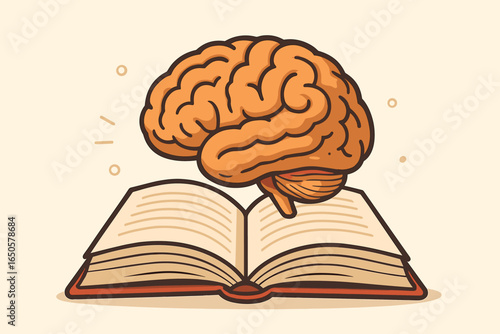 Book and brain vector illustration. Knowledge, learning, intelligence concept. Education, study, wisdom from reading. Mental development, mind power, self-improvement metaphor.