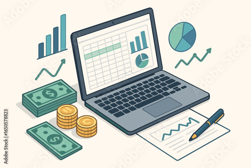 Accounting and finance concept. Laptop with spreadsheet and charts for data analysis, financial report, and budget planning. Isometric vector illustration of money and economy.