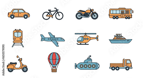 Colorful flat design transportation icon set with black outlines featuring land, air, and sea vehicles.