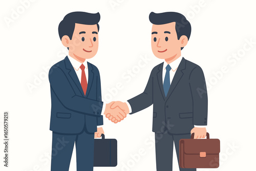 Two businessmen shaking hands after making a deal. Business agreement and partnership concept. Successful negotiation and cooperation. Flat design vector cartoon illustration.