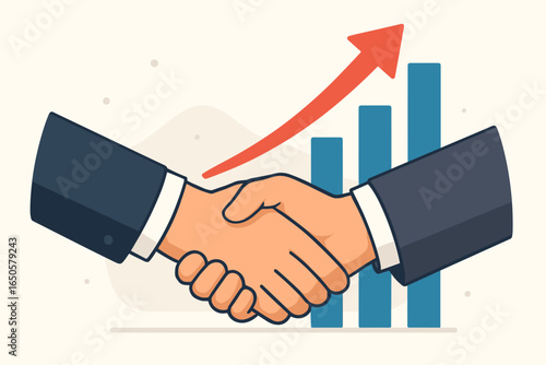 Successful partnership and business growth concept. Handshake over a financial bar chart with an upward arrow. Symbol of a profitable deal, agreement, and cooperation.