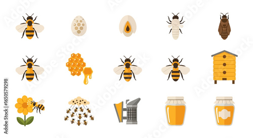 Colorful flat vector icon set illustrating beekeeping, apiculture, and honey production stages.
