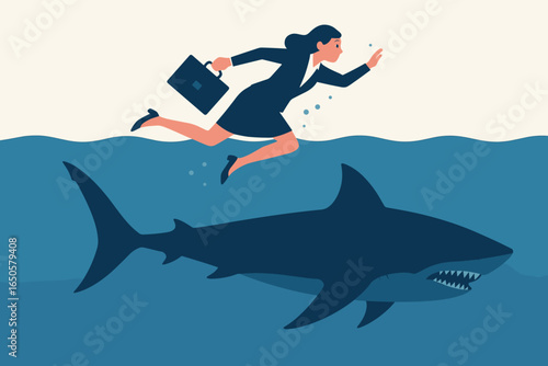 Businesswoman swimming over a shark. Business risk, danger, and challenge metaphor. Woman in suit with briefcase facing threats. Financial crisis, competition concept.