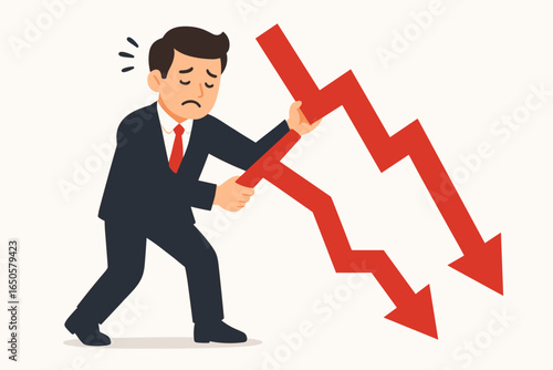 Business recession metaphor. Sad businessman character holding a falling red arrow. Financial trouble, economic crisis, investment problem and stock market crash concept.
