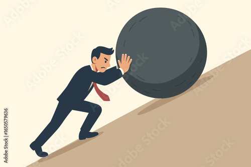 Businessman pushing a huge boulder up a hill. Business challenge, obstacle, and determination metaphor. Hard work, persistence, and success concept. Vector cartoon.