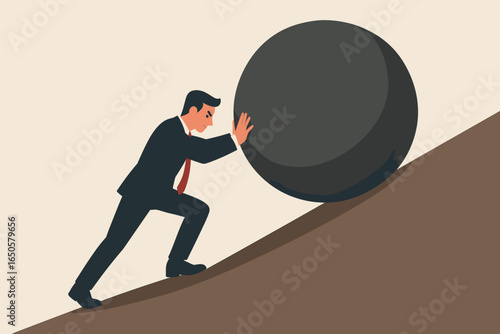Businessman pushing a big stone up a hill. Business challenge, determination, and persistence concept. Metaphor for overcoming obstacles and achieving goals. Sisyphus task.