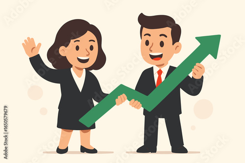 Businesspeople with green arrow. Two happy business characters working on company growth, success, and achievement together. Teamwork concept. Financial profit vector.