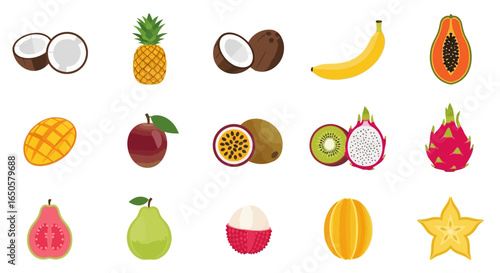 Colorful flat vector illustration set of various tropical fruits, whole and sliced, including pineapple, coconut, mango, and papaya.