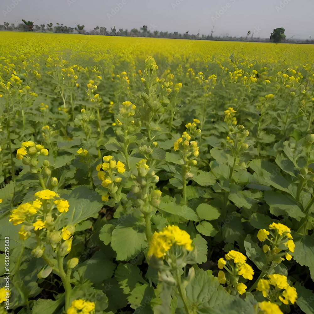 Fototapeta premium Mustard plants farm ( sarso khet) having yellow growing flower bloom, oilseeds