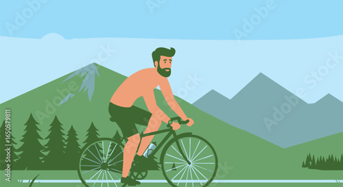 Man wearing athletic gear enjoying a challenging bicycle ride up a mountain path overlooking a beautiful natural vista. Outdoor sports illustration