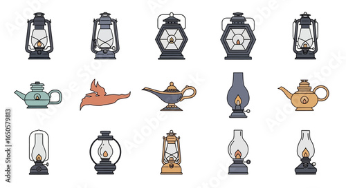 Colorful Icon Set of Antique Kerosene Lanterns, Oil Lamps, and a Magic Genie Lamp
