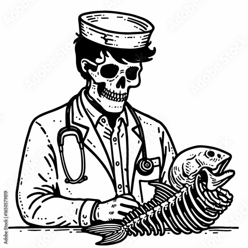 A Skeleton as marine biologist. Retro Vintage Line Art Clipart Silhouette Vector Illustration. .