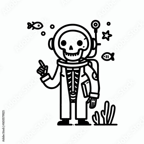 A Skeleton as marine biologist. Retro Vintage Line Art Clipart Silhouette Vector Illustration. .