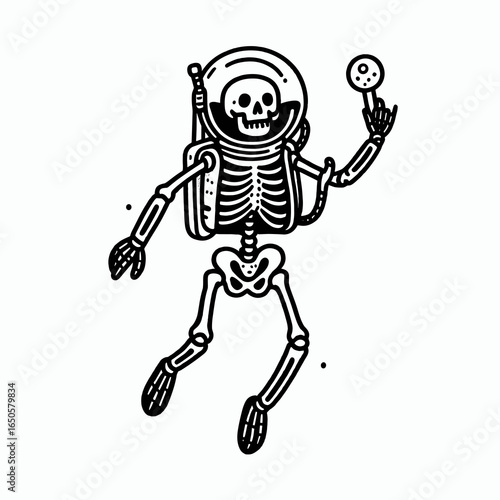A Skeleton as marine biologist. Retro Vintage Line Art Clipart Silhouette Vector Illustration. .
