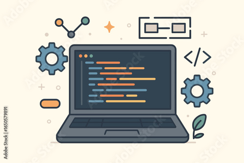 Vector illustration of computer programming and software development. Laptop with code on screen, gears, and flowchart icons. Concept for web design, coding, and IT workflow.