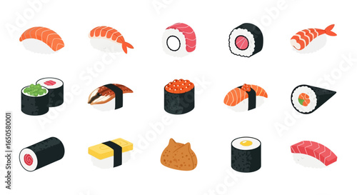 Colorful Isometric Japanese Sushi Collection with Various Types and Textures