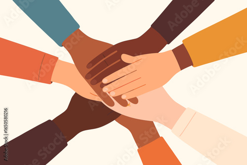 Diverse hands together in unity. Teamwork and collaboration concept. People with different skin colors supporting each other. Racial equality and community partnership.
