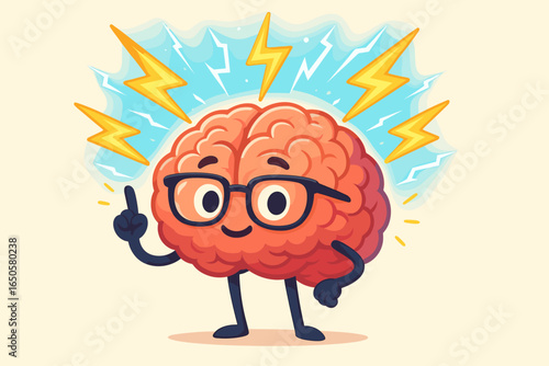 Smart brain character with glasses has a great idea. Cartoon mascot for brainstorming, creativity, and intelligence. Vector illustration of thinking and eureka moment with lightning.