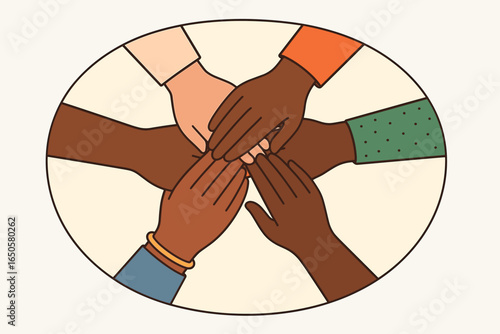 Diverse hands in a circle as a symbol of unity, teamwork, and community. Vector illustration of multiracial people together for support, equality, and collaboration.