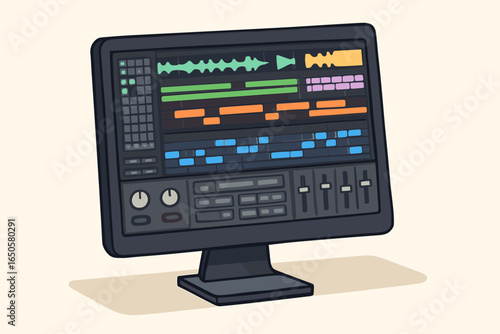 Electronic music production software on computer screen. Digital Audio Workstation for beat making. Recording studio sound mixing and audio editing process vector illustration.