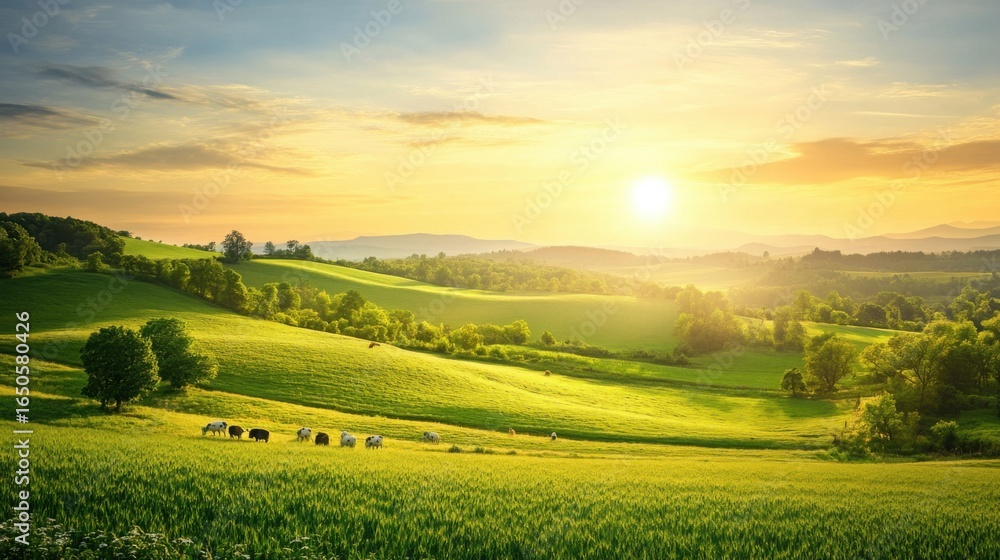 Naklejka premium A picturesque rural landscape with rolling green fields, farm animals, and a peaceful sunrise 