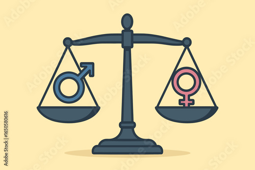 Gender equality concept with male and female symbols on a balanced justice scale. Social issue metaphor for equal rights, and fairness between man and woman. Flat vector illustration.
