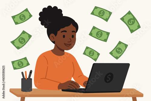 Black woman making money online working on laptop. Concept of remote work, freelance, financial success, passive income, e-commerce, digital nomad, earning cash, investment.