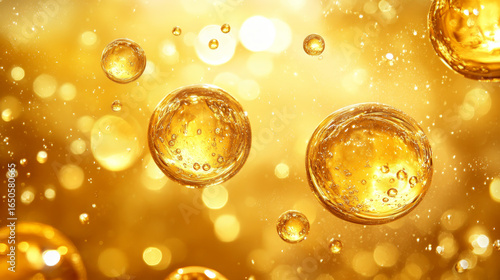 Golden liquid spheres, floating in a radiant golden background