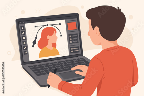 Graphic designer at work creating a vector illustration on a laptop. Man drawing a female character portrait with a pen tool. Digital artist, creative job, freelancer concept.
