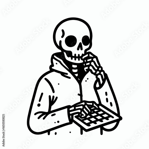 A Skeleton as strategist. Retro Vintage Line Art Clipart Silhouette Vector Illustration. .