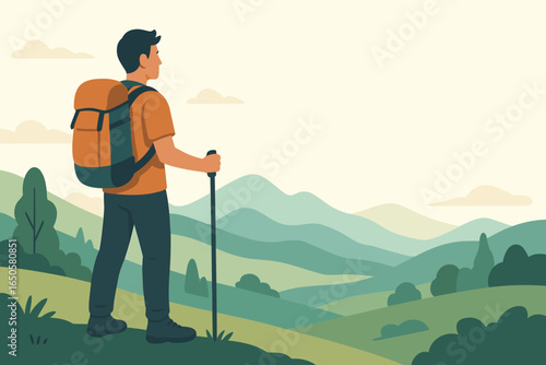 Man with backpack hiking in mountains. Hiker enjoying landscape view. Travel adventure, solitude in nature concept. Outdoor trekking journey. Vector illustration with copy space.