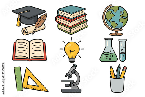 Education and science icon set. Back to school concept. Graduation cap, book, microscope, globe, lightbulb idea. Learning, knowledge, research, study vector illustration.