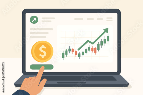 Online investment and stock market trading. Laptop with finance app UI. Candlestick chart showing profit, growth. Financial analytics, data, economy success concept.