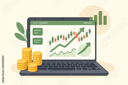 Online investment and stock market trading concept. Laptop computer showing financial analytics, candlestick charts, and graphs indicating profit, gain, and business growth.