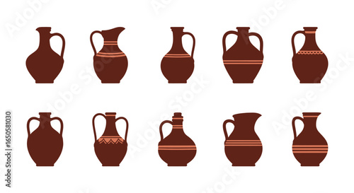 Diverse collection of traditional brown earthenware jugs and pitchers with decorative patterns