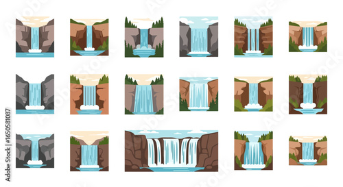 Diverse Collection of Stylized Waterfalls Cascading Down Rocky Cliffs