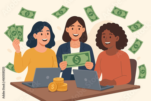 Successful women team making money online. Diverse female entrepreneurs with laptops celebrate financial freedom and passive income. Business success concept with raining cash.