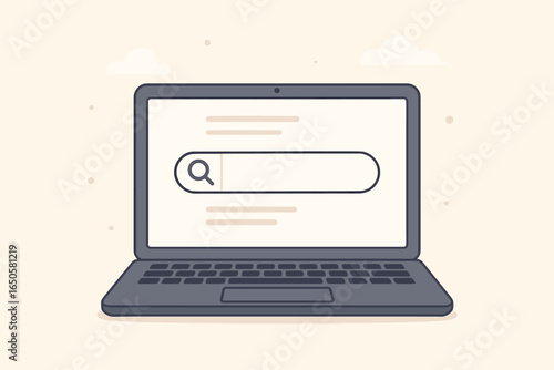 Laptop computer with search bar on screen. Online search engine concept. Seeking information on internet. Web browser for data research. SEO optimization and website discovery.