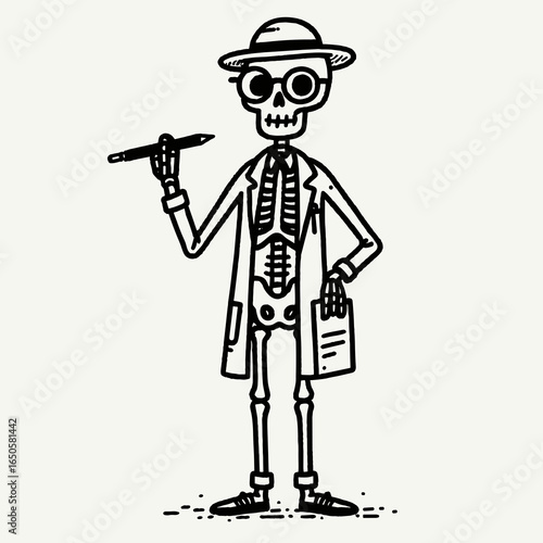 A Skeleton as zoologist. Retro Vintage Line Art Clipart Silhouette Vector Illustration. .