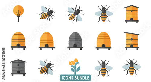 Flat Vector Honeybee and Beehive Icons Set for Beekeeping Design