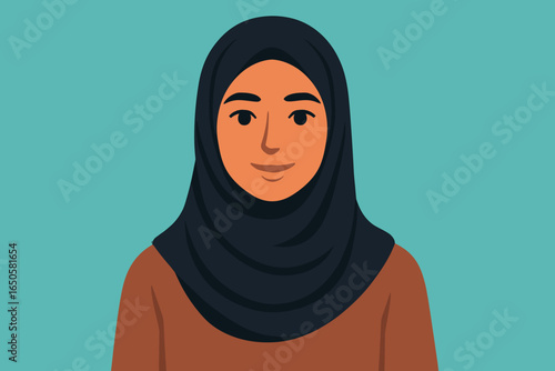 Muslim woman in hijab vector illustration. Portrait of a smiling female person's face and upper body. Modern flat design cartoon character for cultural diversity concepts.
