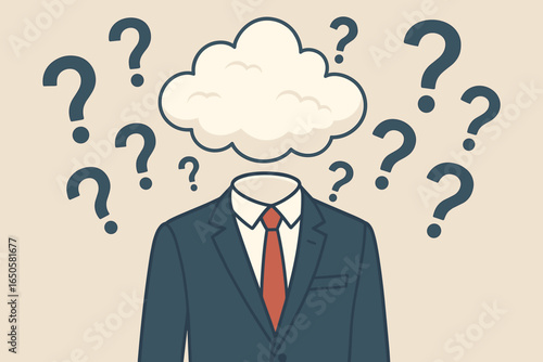 Head in the clouds metaphor. Businessman with empty head and cloud instead. Confused, distracted, absent-minded. Daydreaming concept with question marks. Vector illustration.