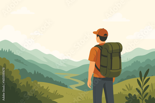 Man hiking alone in mountains with backpack. Hiker enjoying scenic landscape view. Adventure travel, trekking, outdoor activity concept. Solitude and freedom in nature vector.